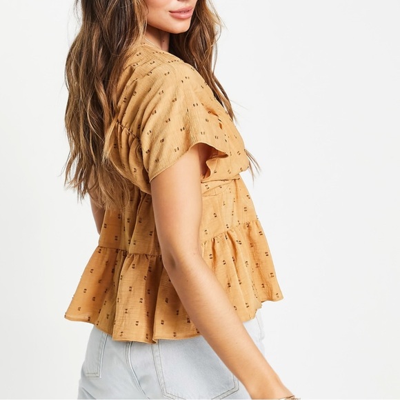 ASOS DESIGN v neck smock top in textured dobby tan - Picture 2 of 10